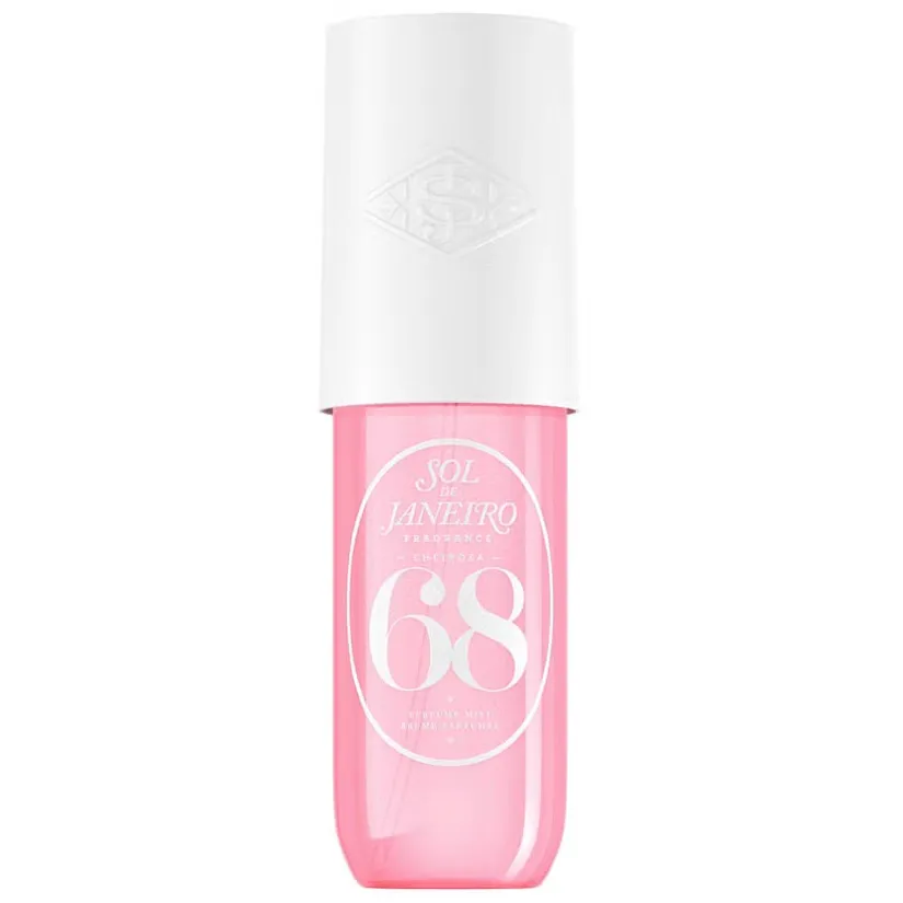 Sol de Janeiro Cheirosa 68 Perfume Mist bottle with notes of pink dragonfruit, jasmine, and vanilla, ideal for body, hair, and clothes.