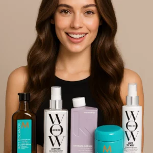 Blonde model with radiant hair showcasing Moroccanoil Treatment, Color Wow Dream Coat, Kevin Murphy Hydrate-Me Rinse, Moroccanoil Intense Hydrating Mask 250ml, and Color Wow Raise the Root Spray. Premium haircare products displayed in a luxurious setting.