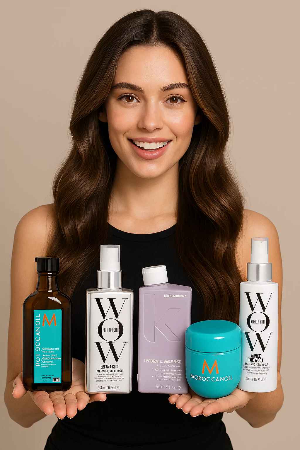 Blonde model with radiant hair showcasing Moroccanoil Treatment, Color Wow Dream Coat, Kevin Murphy Hydrate-Me Rinse, Moroccanoil Intense Hydrating Mask 250ml, and Color Wow Raise the Root Spray. Premium haircare products displayed in a luxurious setting.