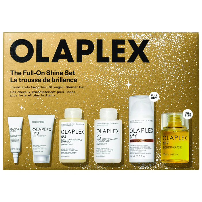 Olaplex Full-On Shine Set featuring six best-selling vegan and cruelty-free hair treatments designed to repair damage, hydrate, and boost shine for colour-treated and dry hair.