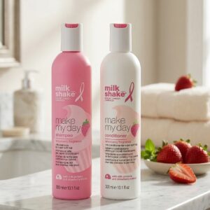 Milkshake Make My Day Strawberry Bundle featuring 300ml Shampoo and 250ml Conditioner bottles