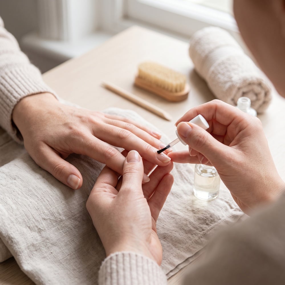 Hands applying an unbranded drop of cuticle oil during a nail care routine