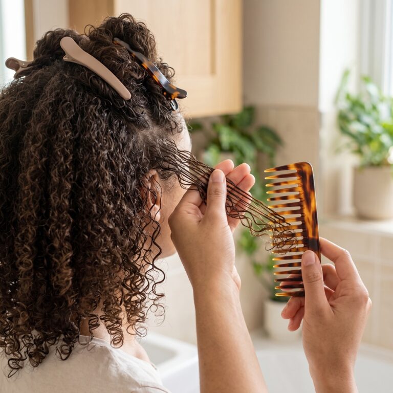 Hands gently detangling curly hair with a wide-tooth comb